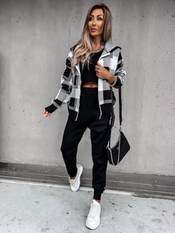 3 Piece Knitted Plaid Hoodie Crop Top Jogger Set  COLORS  SIZES