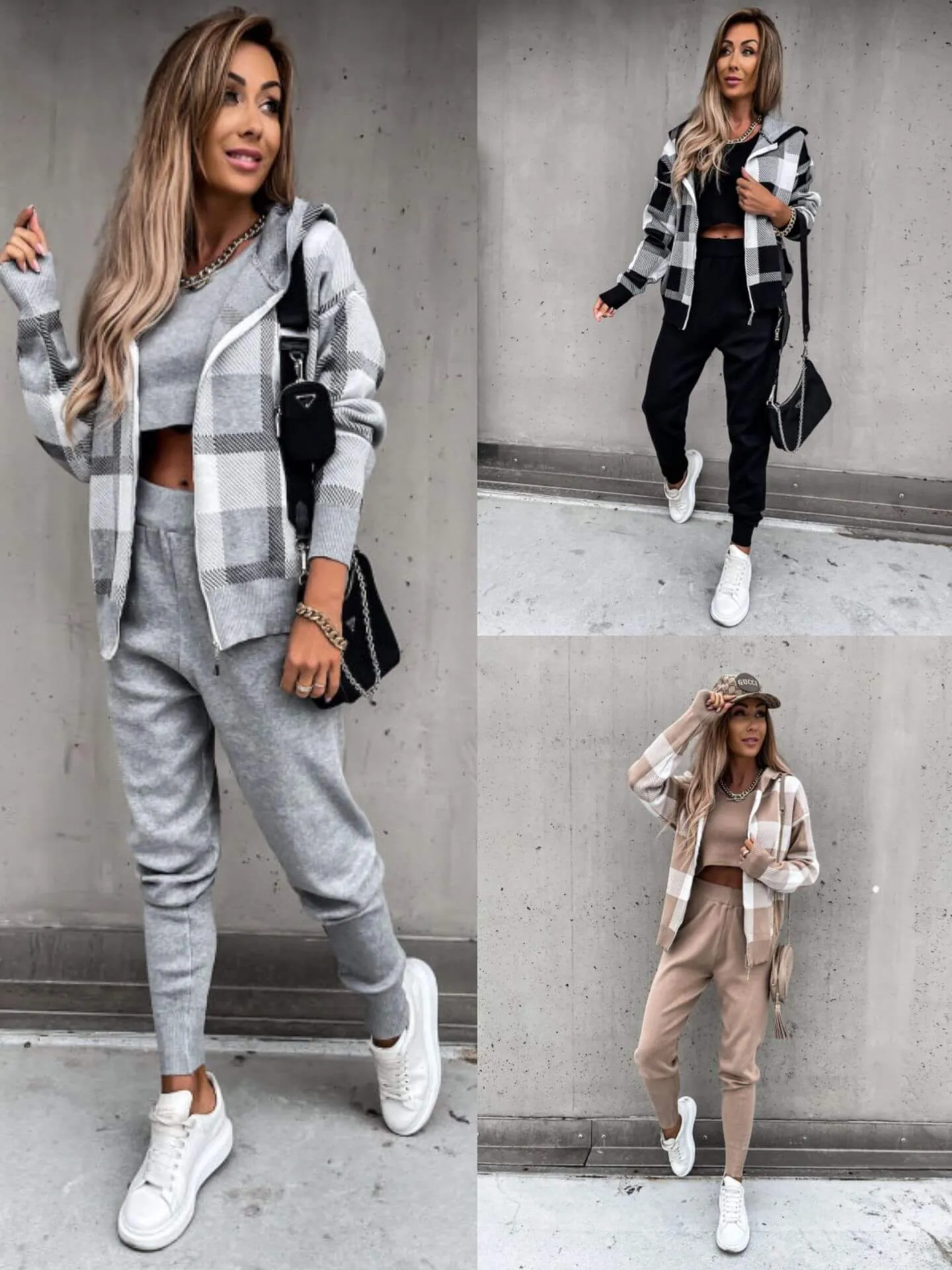 3 Piece Knitted Plaid Hoodie Crop Top Jogger Set  COLORS  SIZES