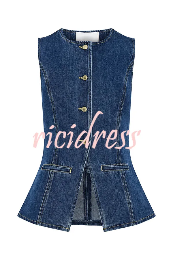 Abel Denim Button Up Princess Seams Pocket Vest Top