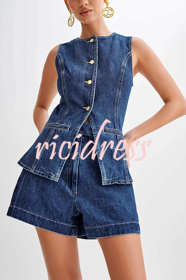 Abel Denim Button Up Princess Seams Pocket Vest Top