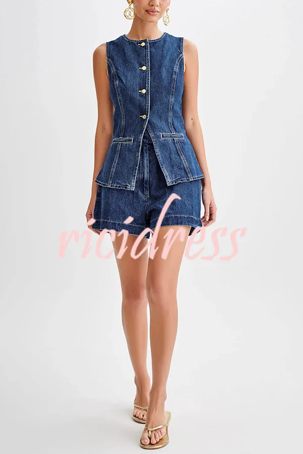 Abel Denim Button Up Princess Seams Pocket Vest Top