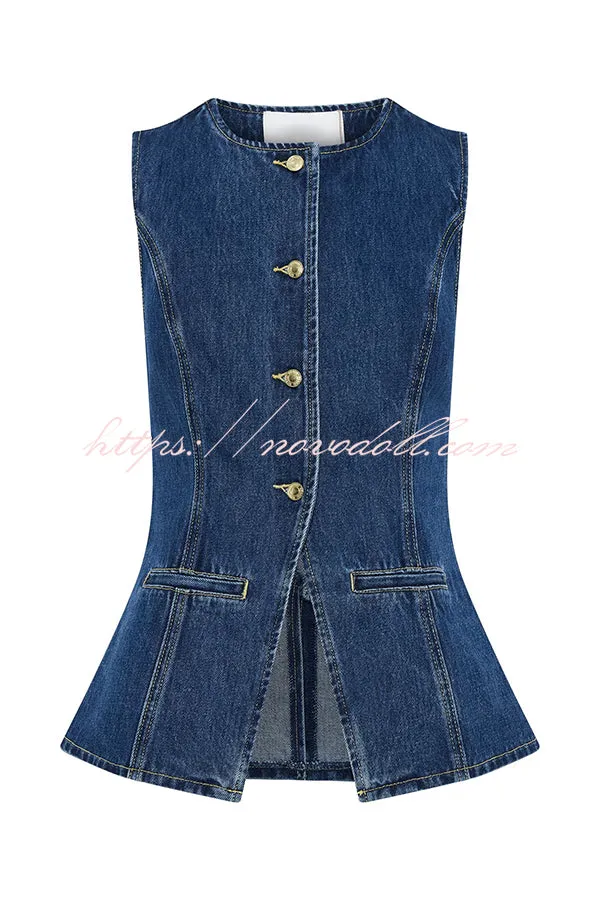 Abel Denim Button Up Princess Seams Pocket Vest Top