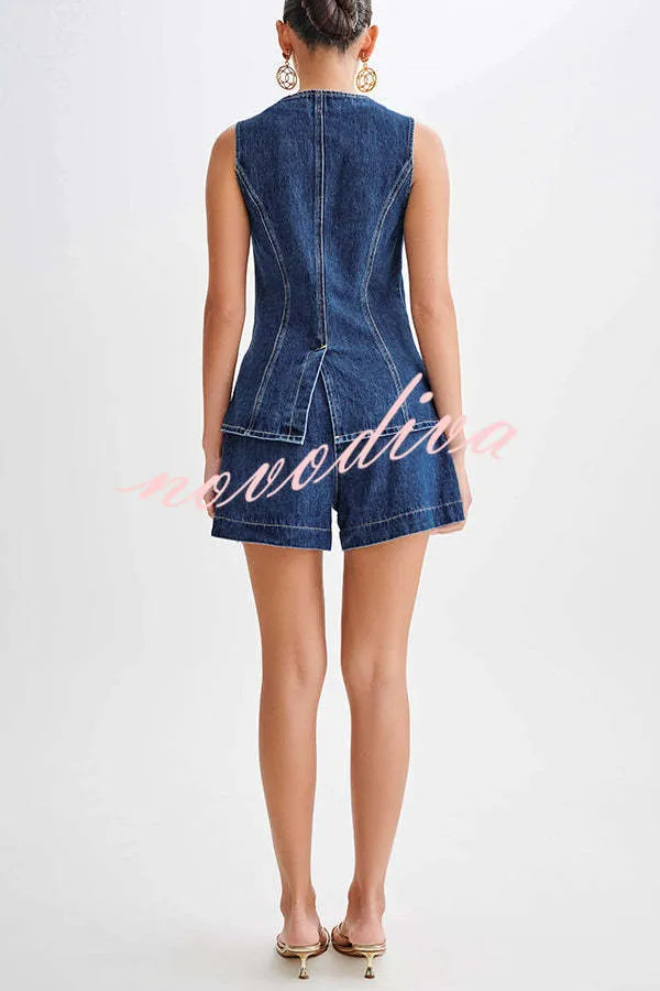 Abel Denim Button Up Princess Seams Pocket Vest Top