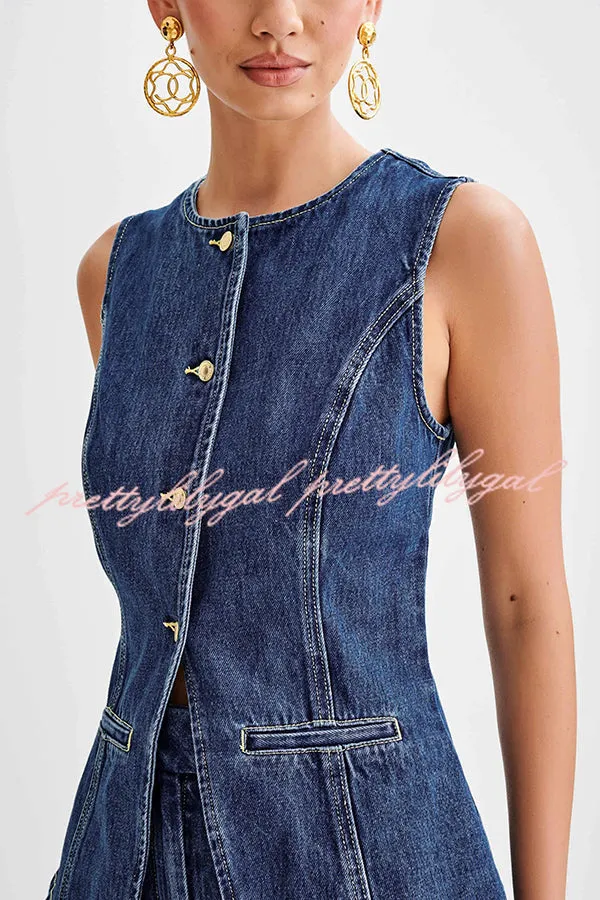 Abel Denim Button Up Princess Seams Pocket Vest Top