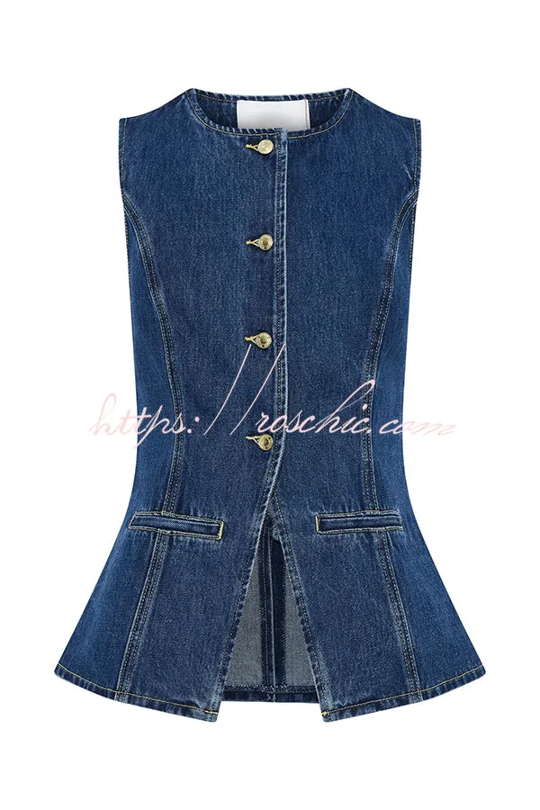 Abel Denim Button Up Princess Seams Pocket Vest Top