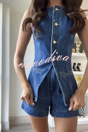 Abel Denim Button Up Princess Seams Pocket Vest Top