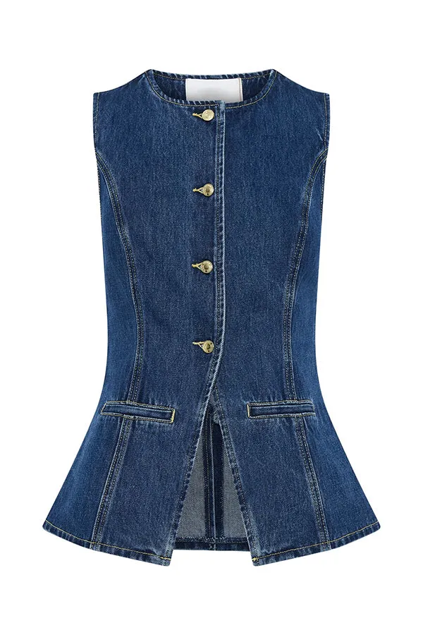 Abel Denim Button Up Princess Seams Pocket Vest Top