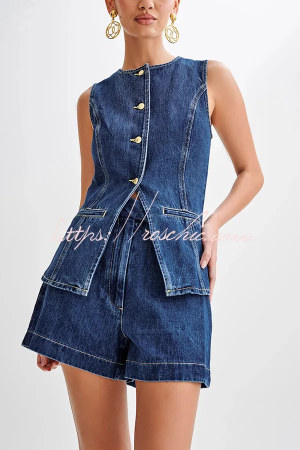 Abel Denim Button Up Princess Seams Pocket Vest Top