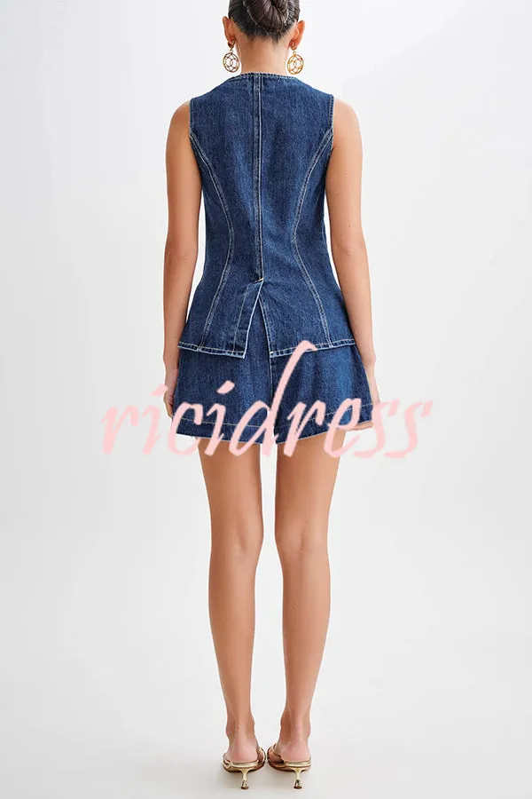 Abel Denim Button Up Princess Seams Pocket Vest Top