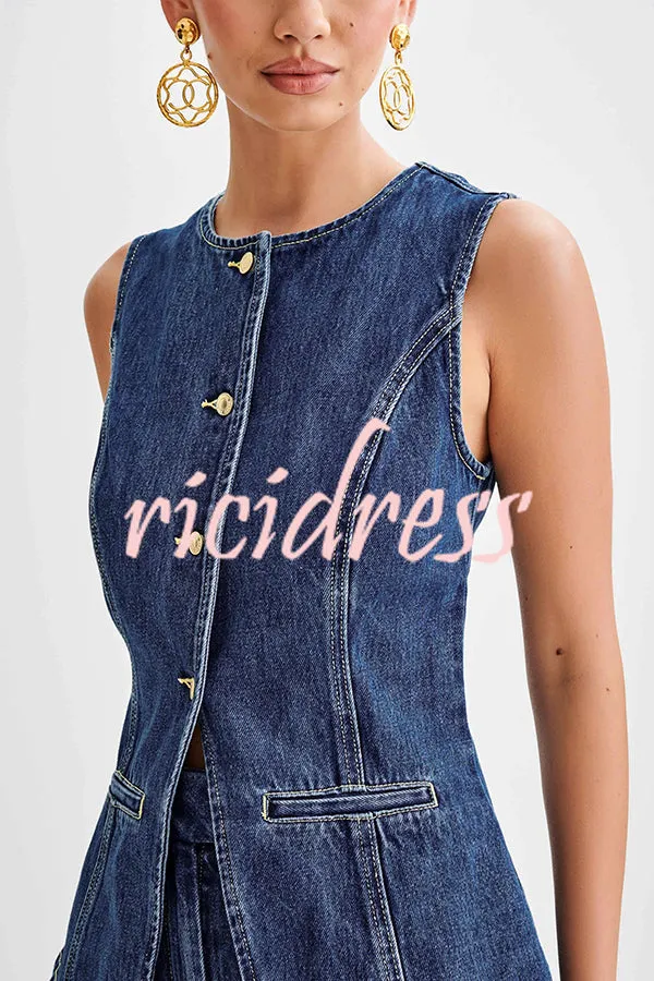 Abel Denim Button Up Princess Seams Pocket Vest Top