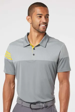 Adidas Mens 3 Stripes Colorblock Moisture Wicking Short Sleeve Polo Shirt - Vista Grey/Yellow - Closeout