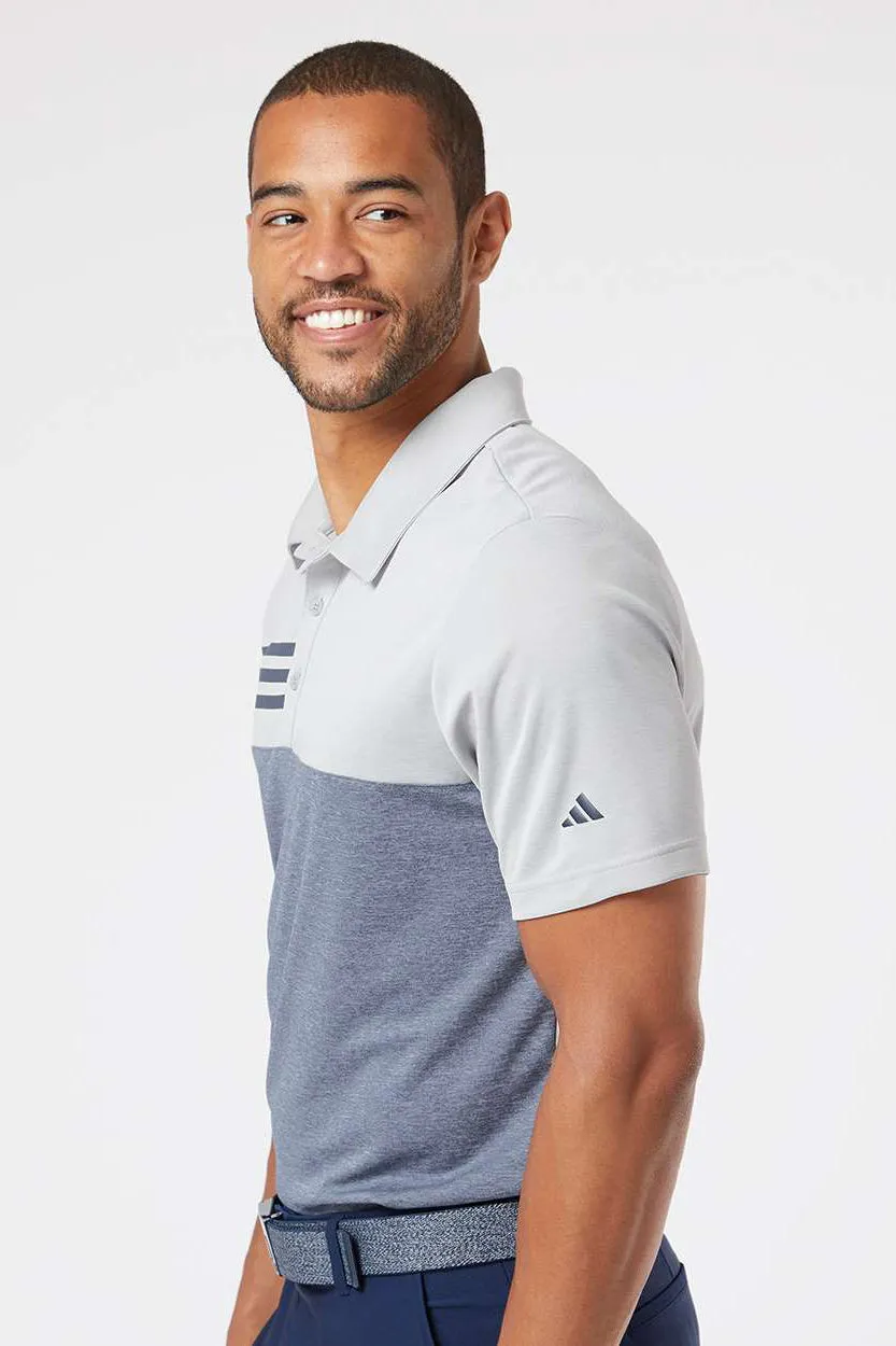 Adidas Mens 3 Stripes Colorblock UPF 50  Short Sleeve Polo Shirt - Heather Grey/Heather Collegiate Navy Blue