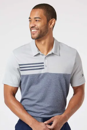 Adidas Mens 3 Stripes Colorblock UPF 50  Short Sleeve Polo Shirt - Heather Grey/Heather Collegiate Navy Blue