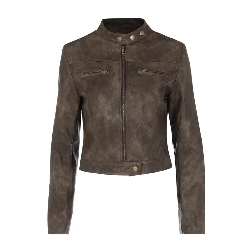 American Retro Distressed PU Leather Short Jacket