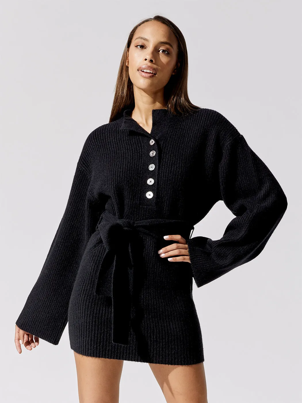 Arie Ribbed Cashmere Blend Henley Sweater Dress - Black