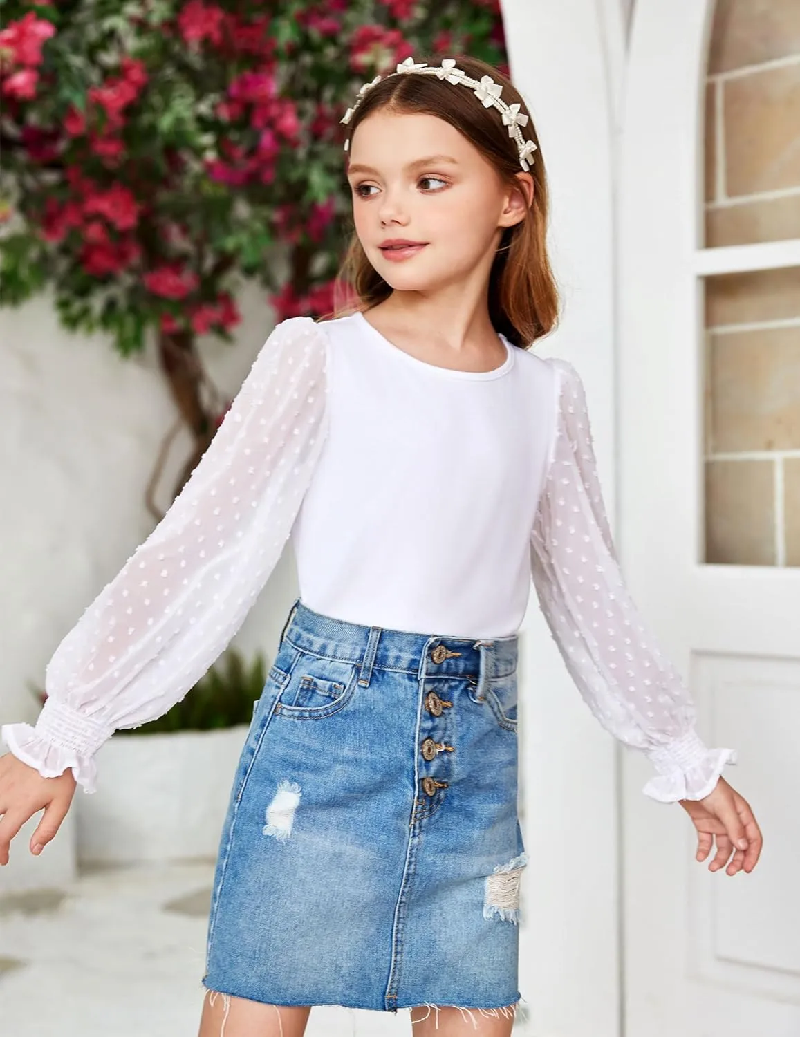 Arshiner Girls Long Sleeve Shirt with Ruffle Cuffs Polka Swiss Dots