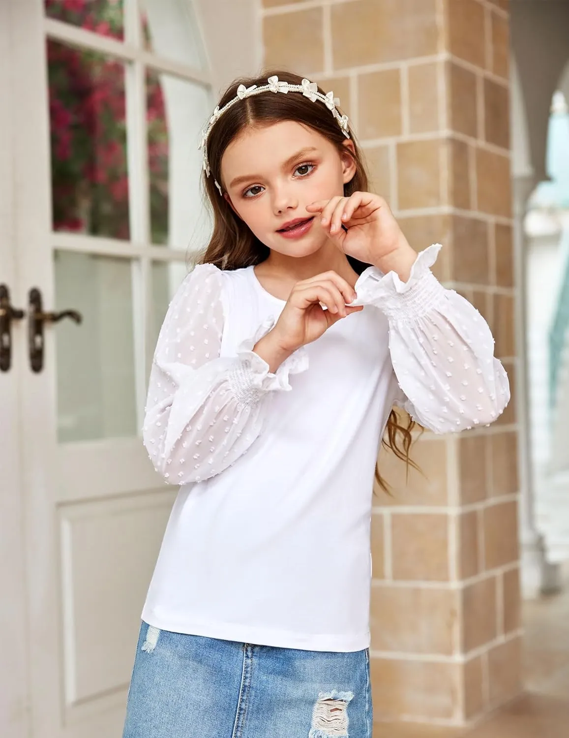 Arshiner Girls Long Sleeve Shirt with Ruffle Cuffs Polka Swiss Dots