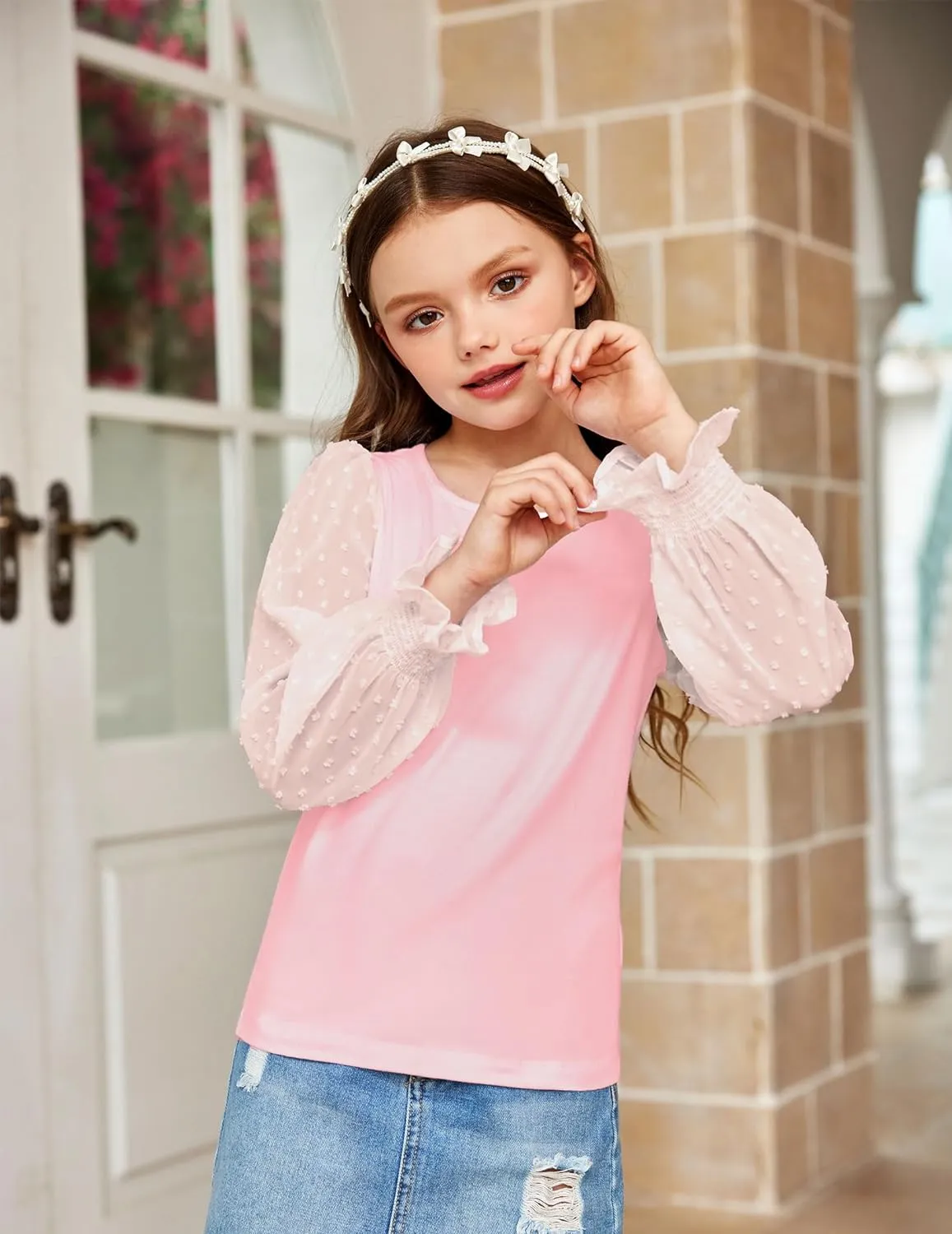 Arshiner Girls Long Sleeve Shirt with Ruffle Cuffs Polka Swiss Dots