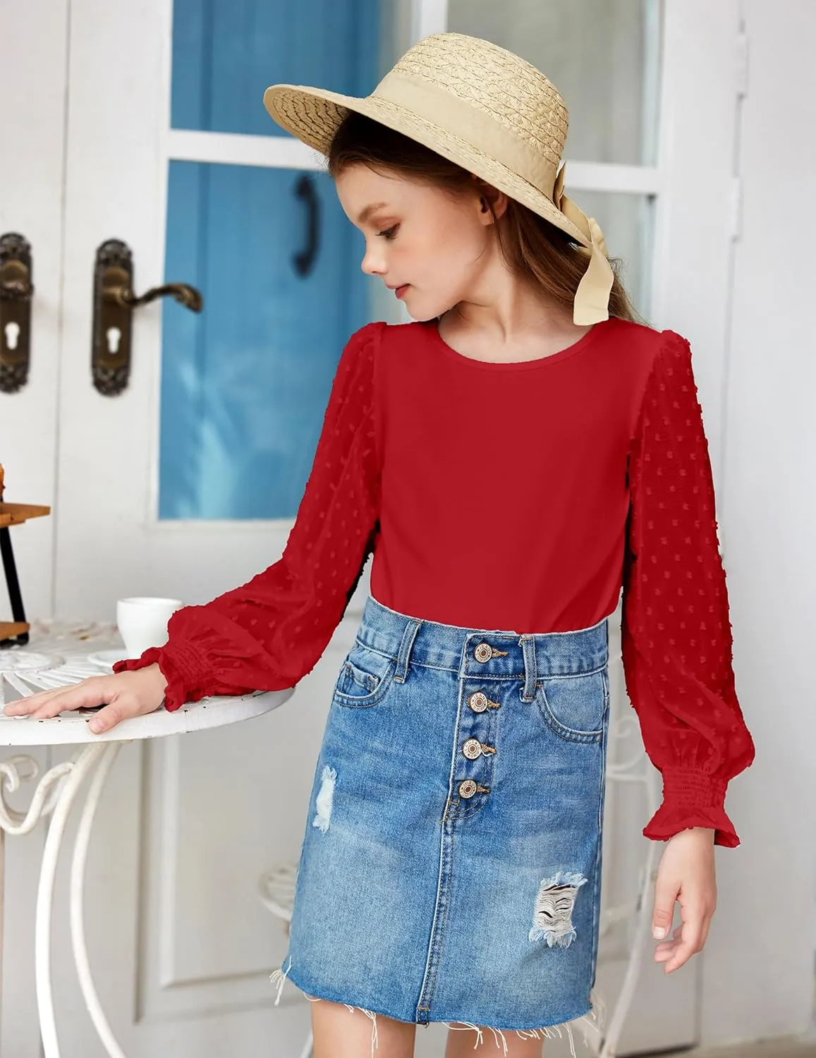 Arshiner Girls Long Sleeve Shirt with Ruffle Cuffs Polka Swiss Dots