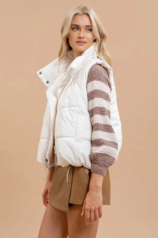 Asymmetrical Zip Up High Neck Puffer Vest CREAM