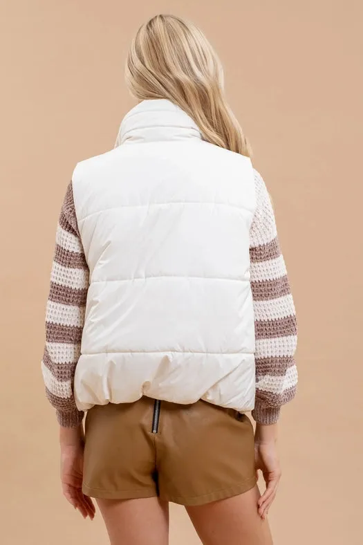 Asymmetrical Zip Up High Neck Puffer Vest CREAM