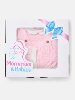 Baby Girl 3-piece Top, Dungaree & Bonnet Cable Knitted Gift Box Set-Pink