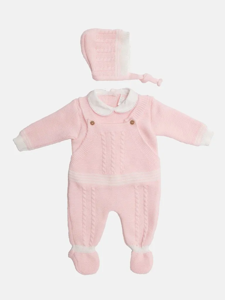 Baby Girl 3-piece Top, Dungaree & Bonnet Cable Knitted Gift Box Set-Pink