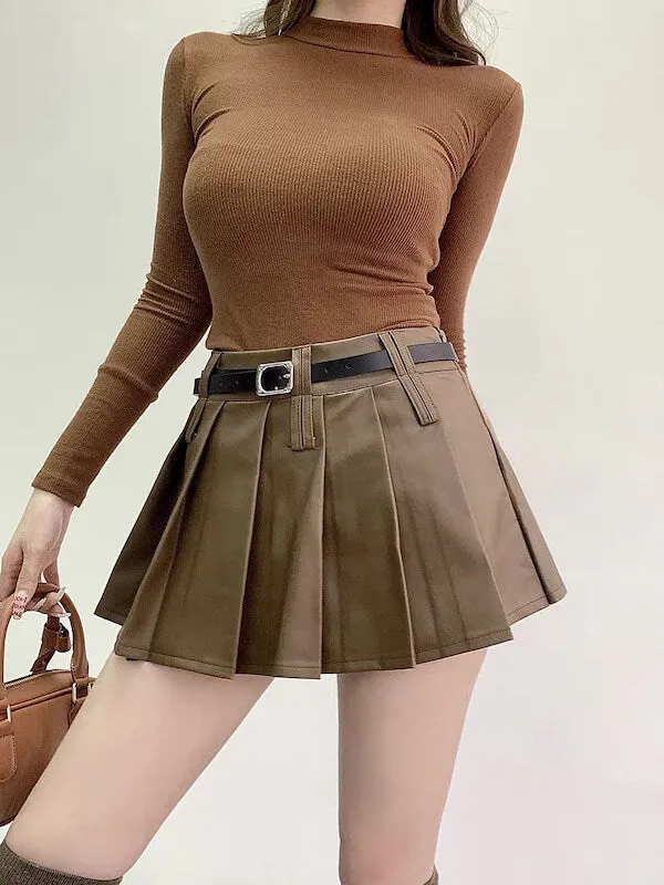 Belt leather pleated skirt