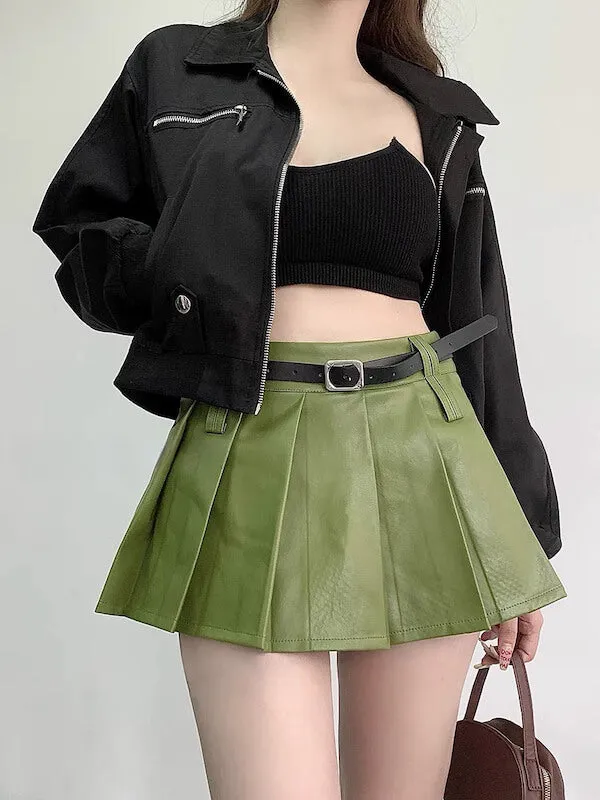 Belt leather pleated skirt