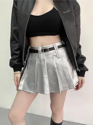 Belt leather pleated skirt