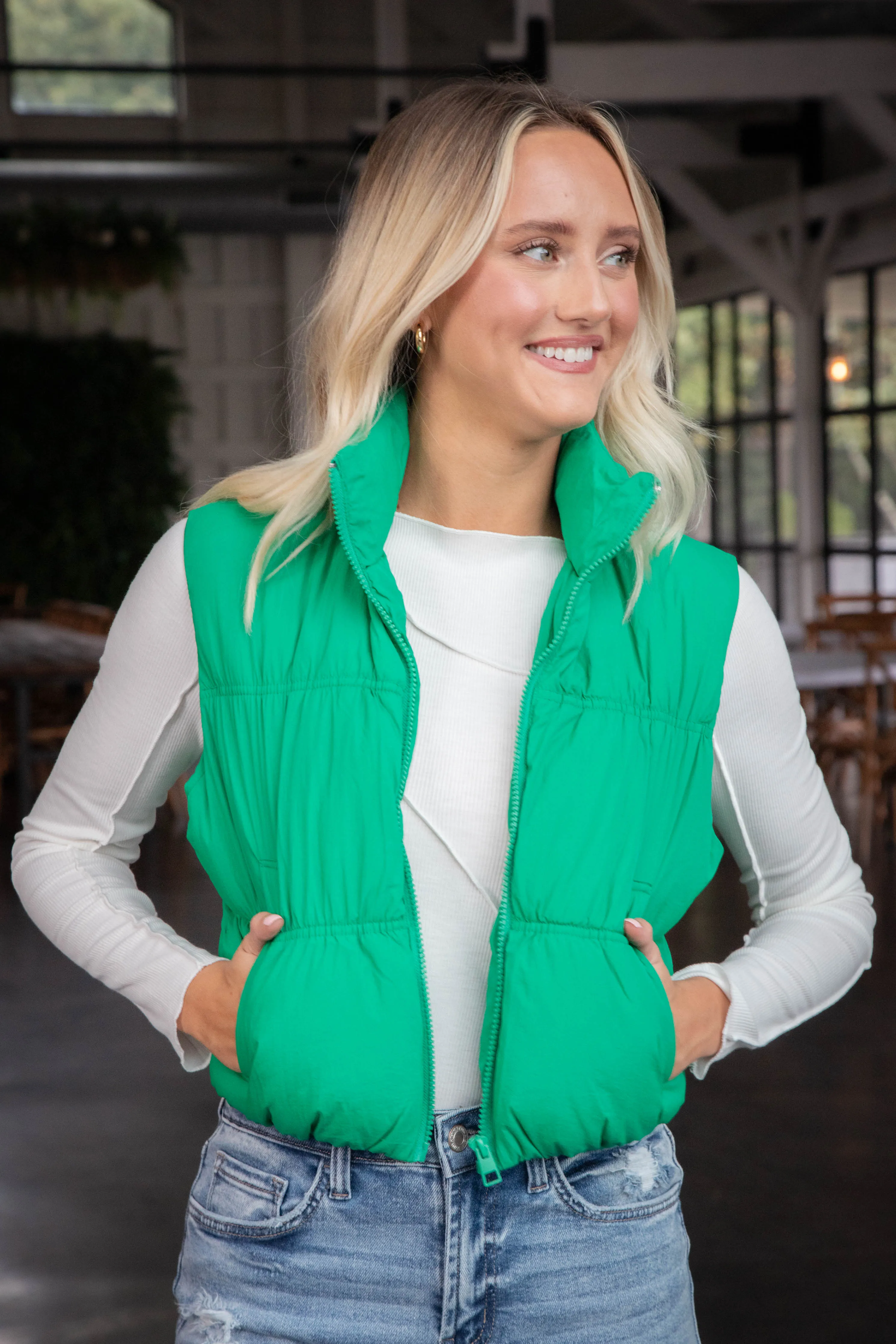 Beth Quilted Puffer Vest, Green