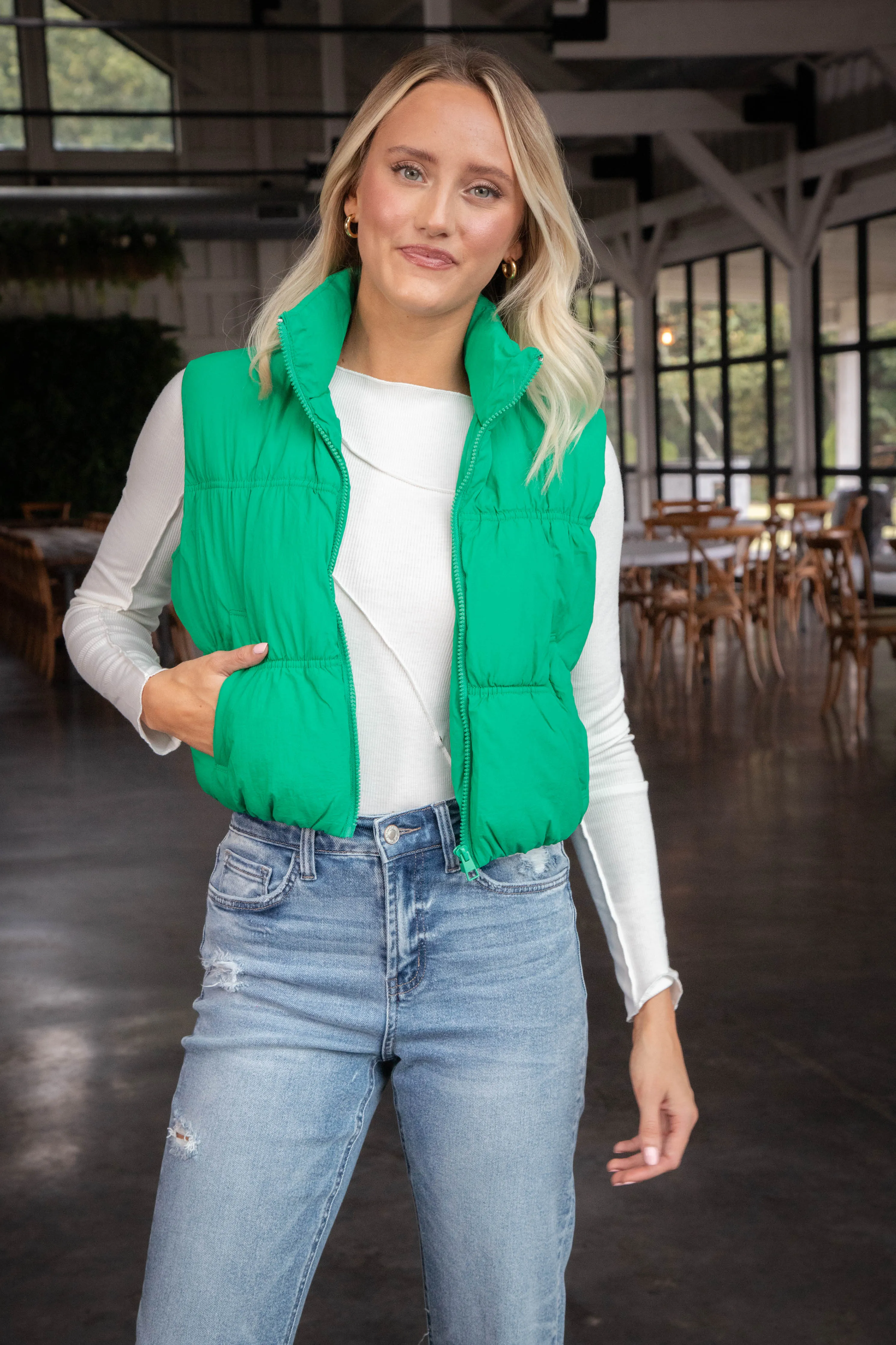 Beth Quilted Puffer Vest, Green