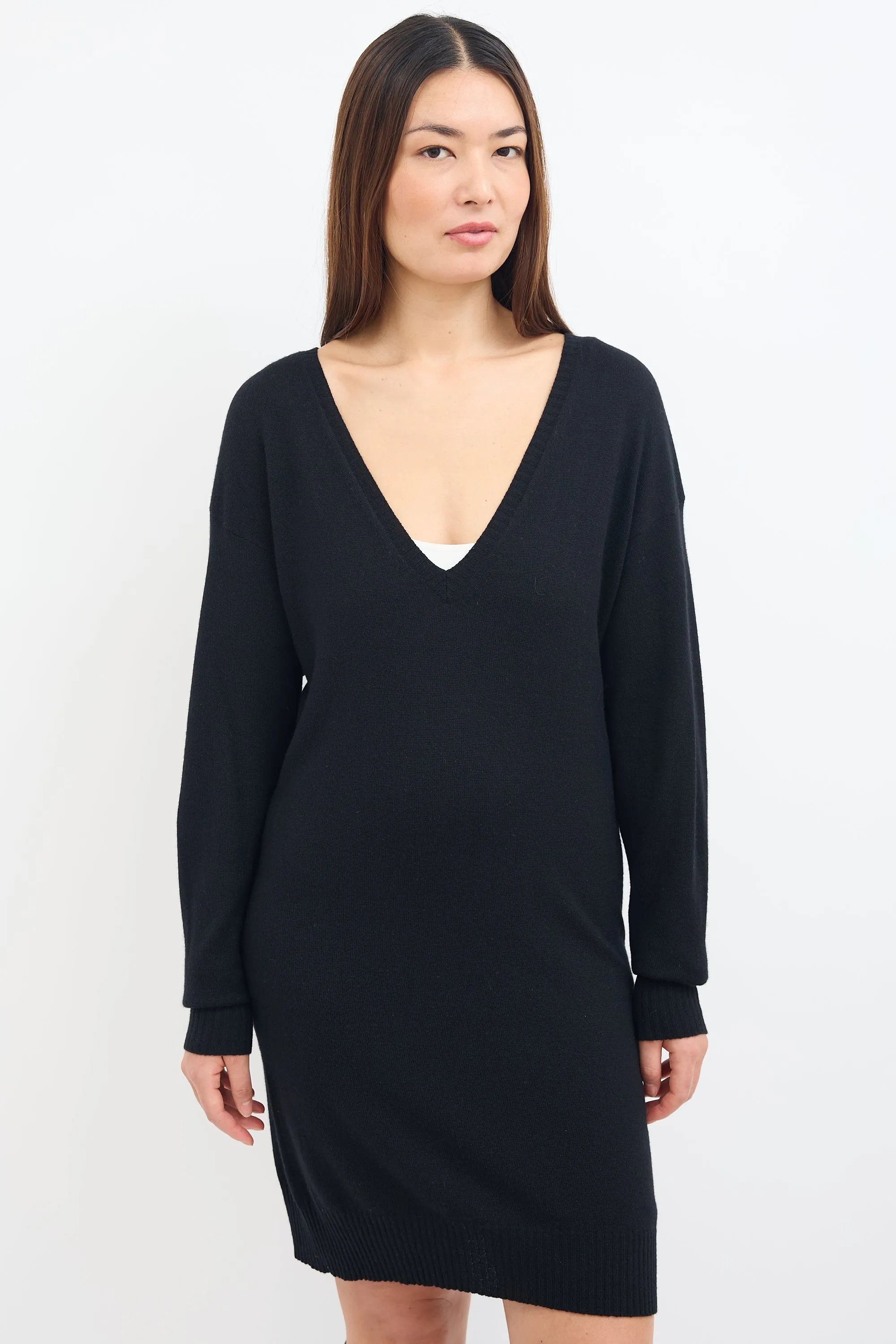 Black Cashmere V-Neck Sweater Dress