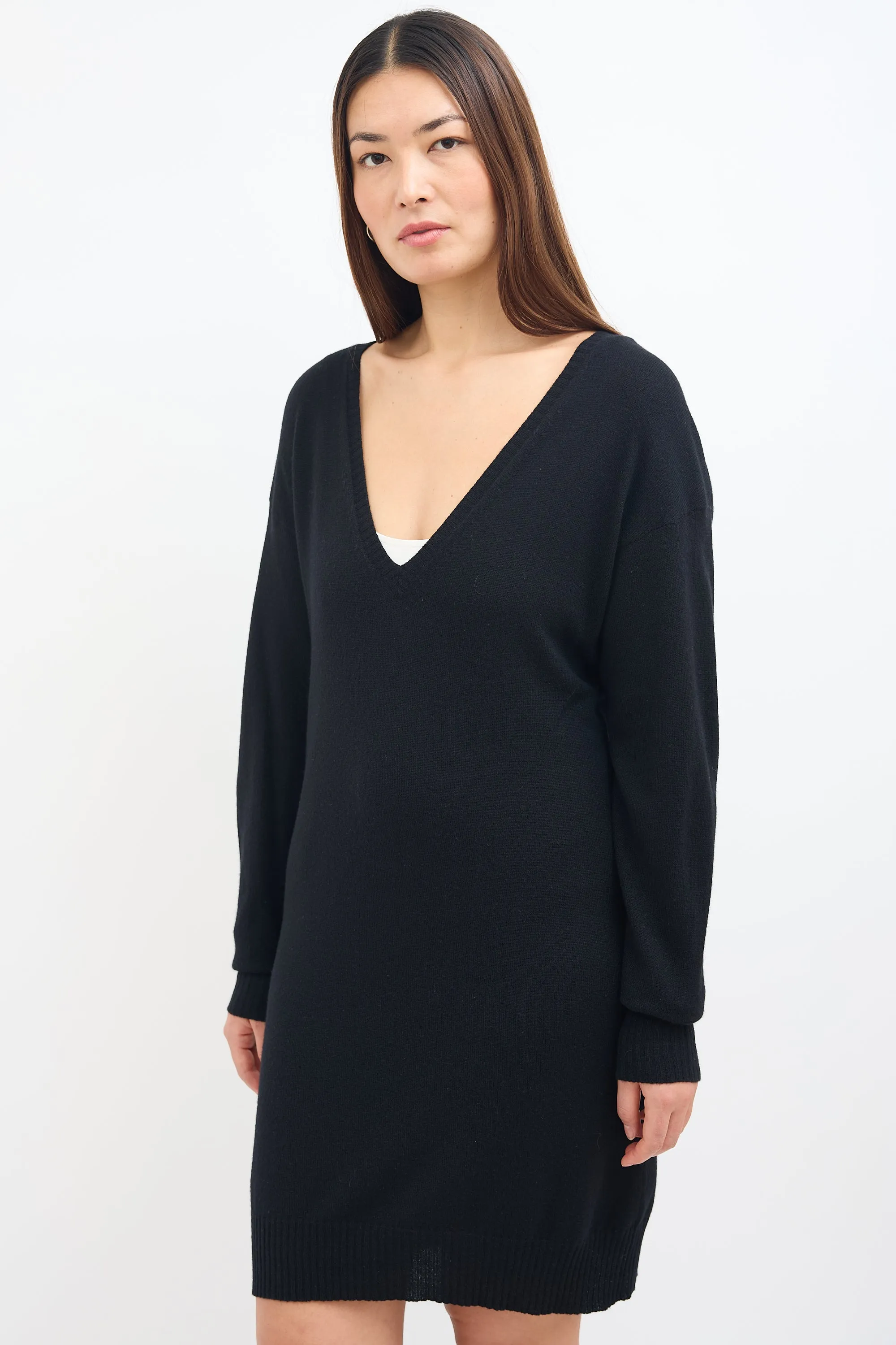 Black Cashmere V-Neck Sweater Dress