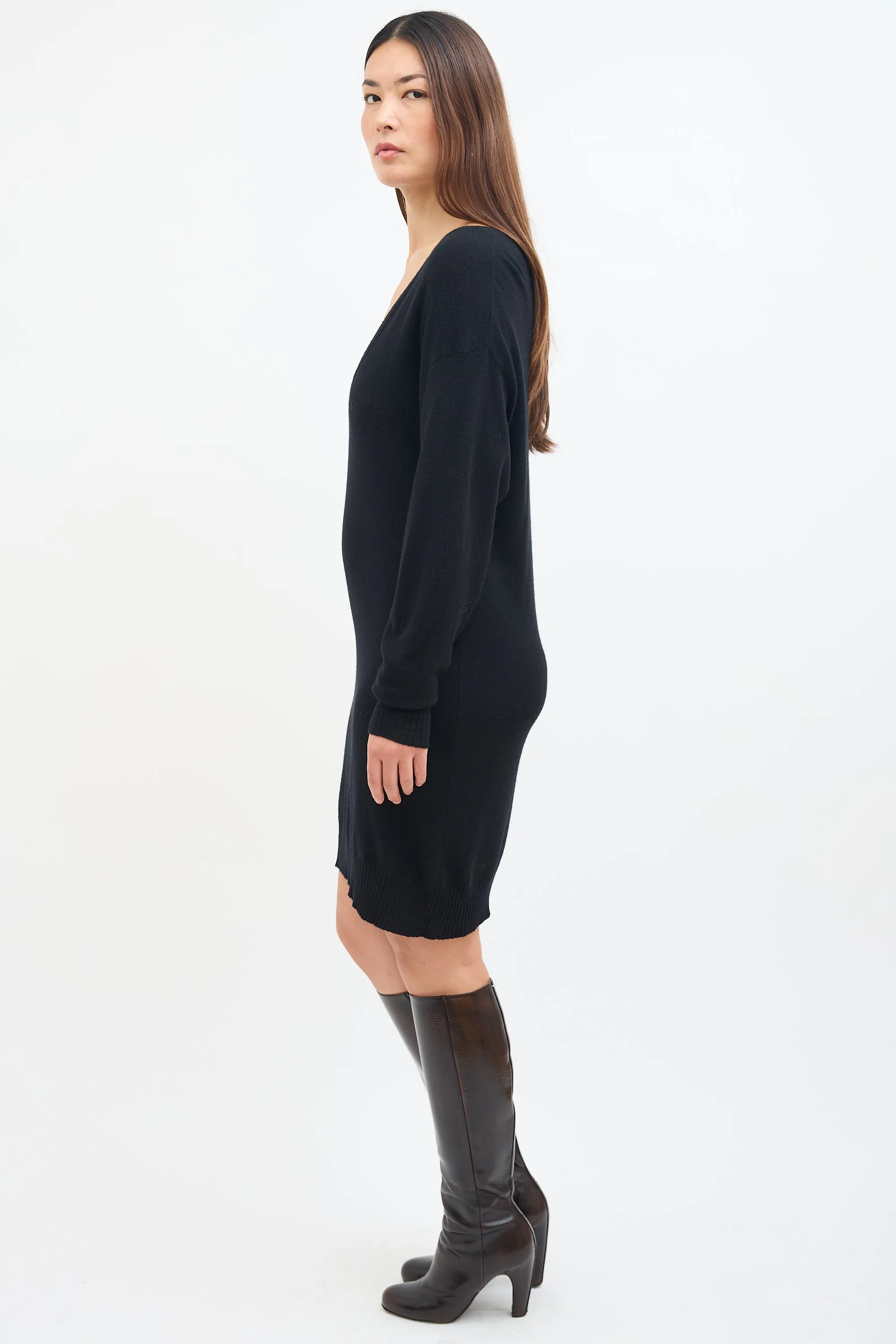 Black Cashmere V-Neck Sweater Dress