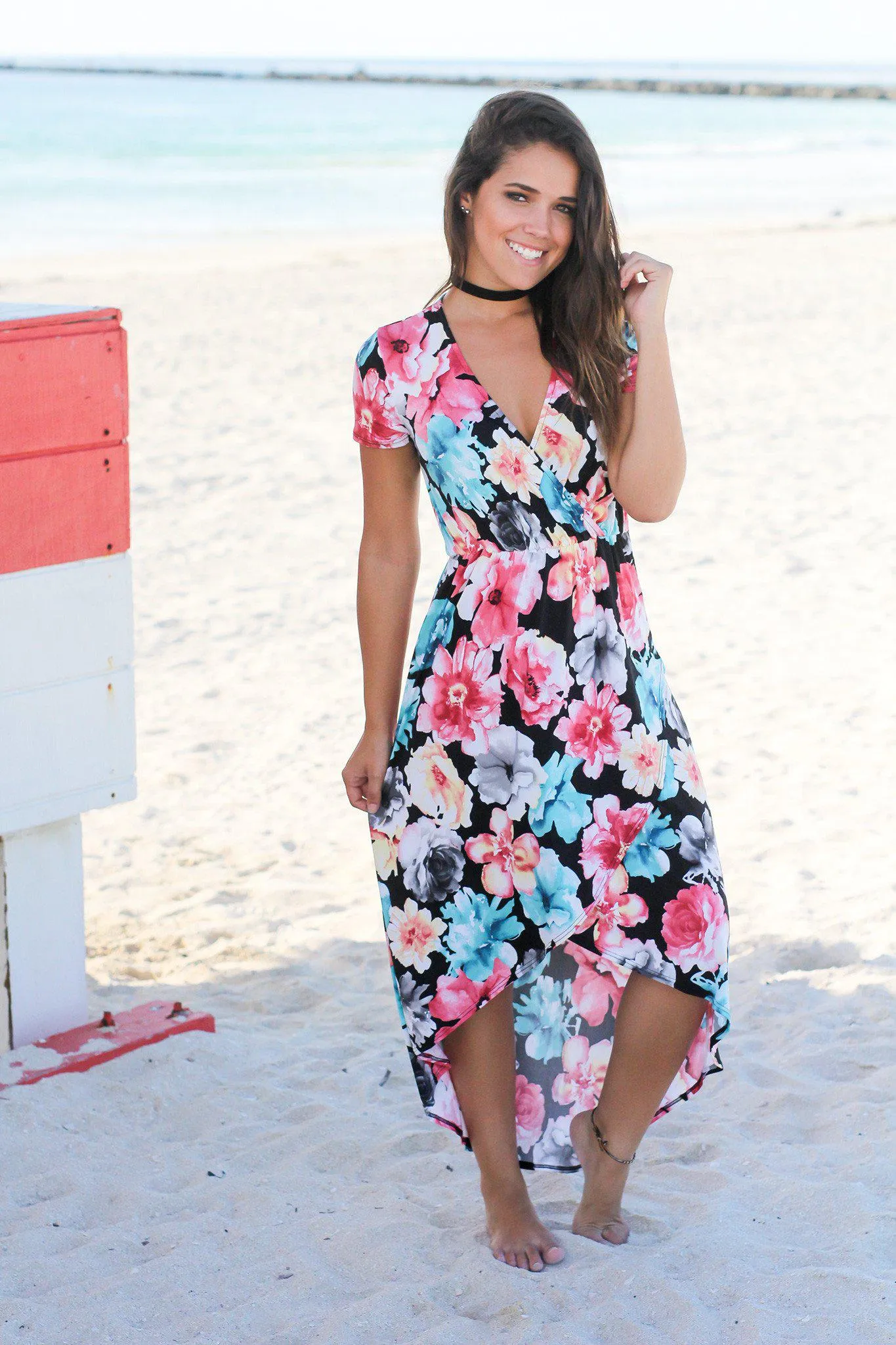 Black Floral High Low Dress with Short Sleeves