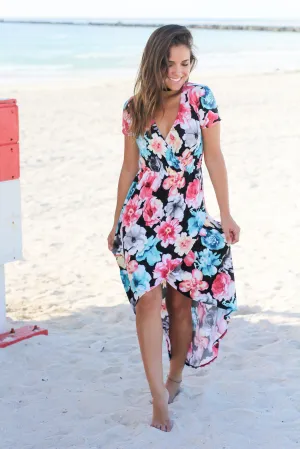 Black Floral High Low Dress with Short Sleeves