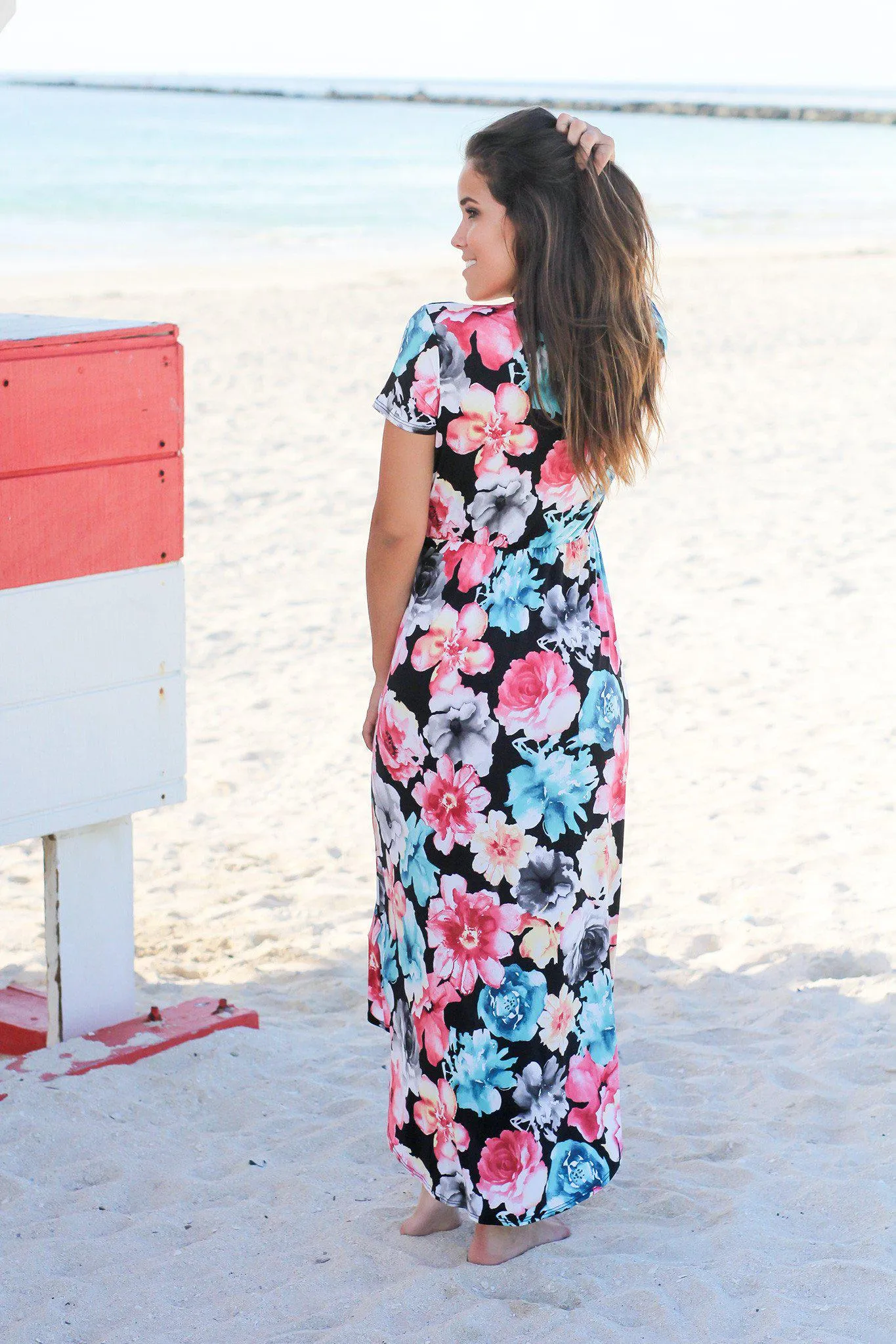 Black Floral High Low Dress with Short Sleeves