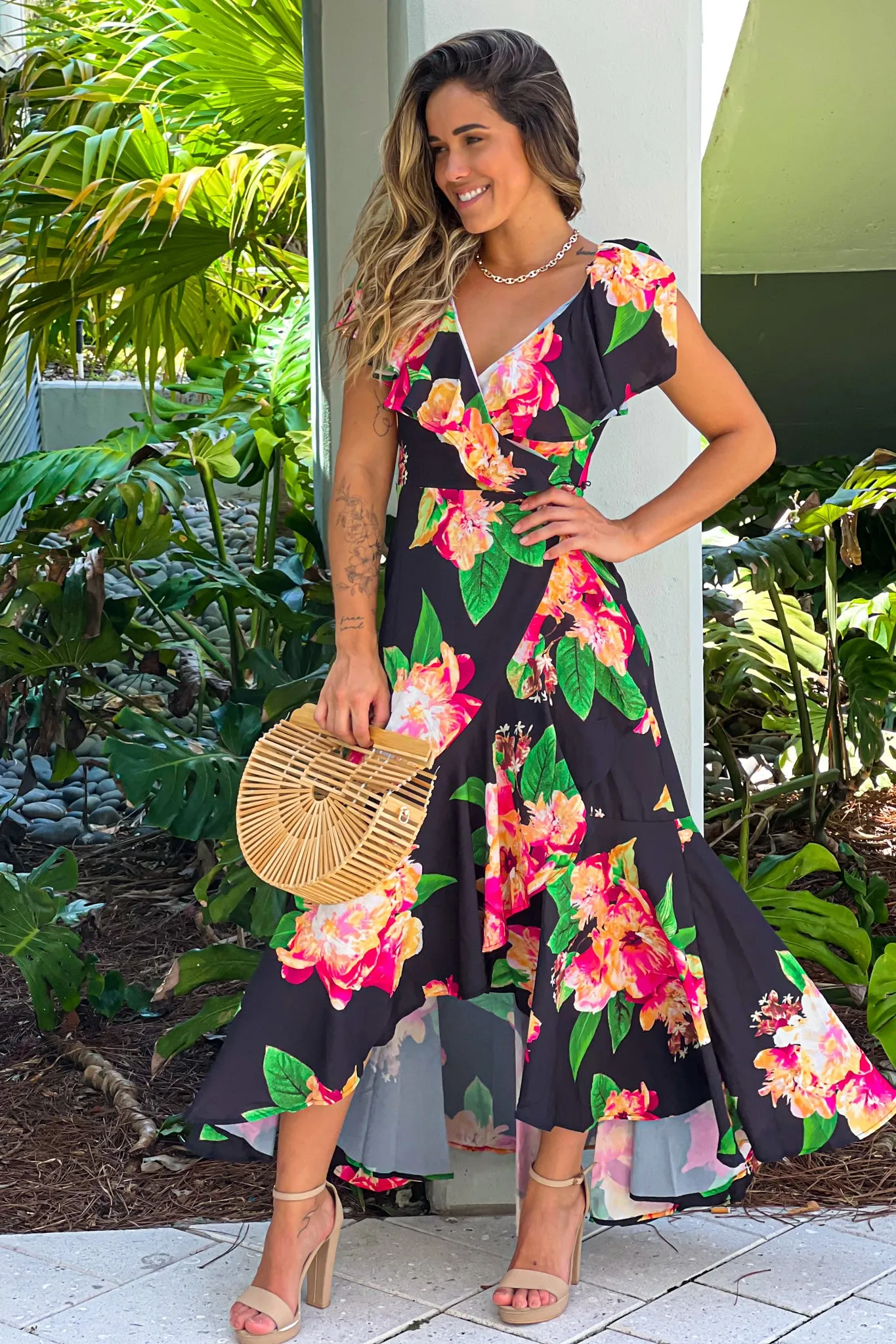 Black Floral Wrap High Low Dress