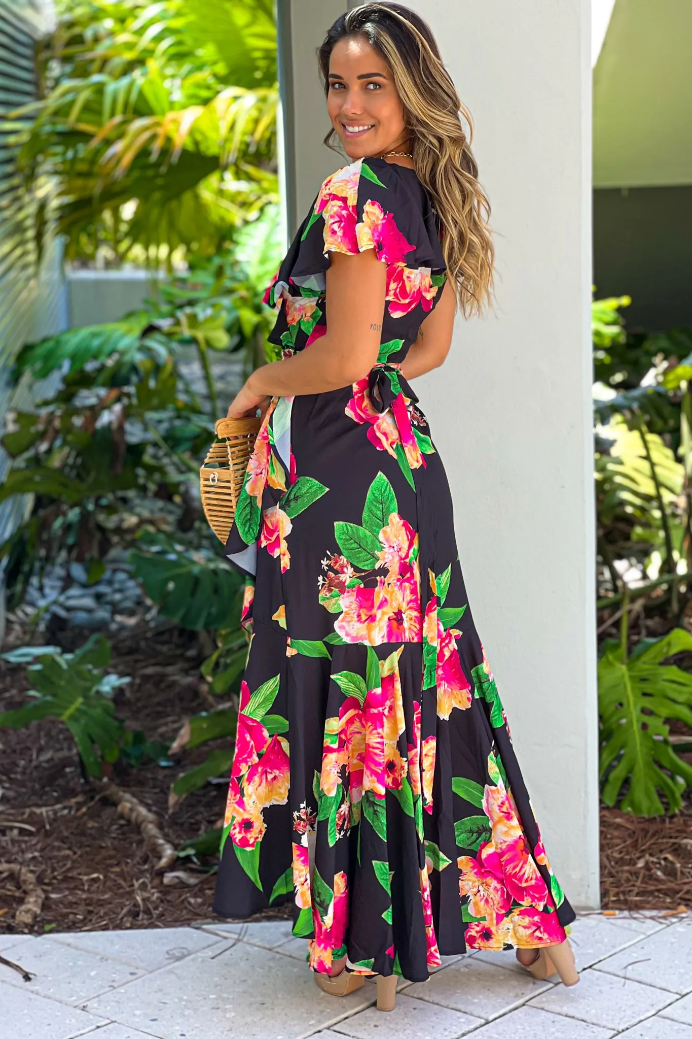 Black Floral Wrap High Low Dress