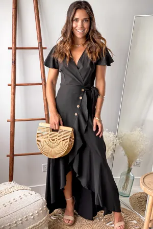 Black Ruffled High Low Dress With Button Detail