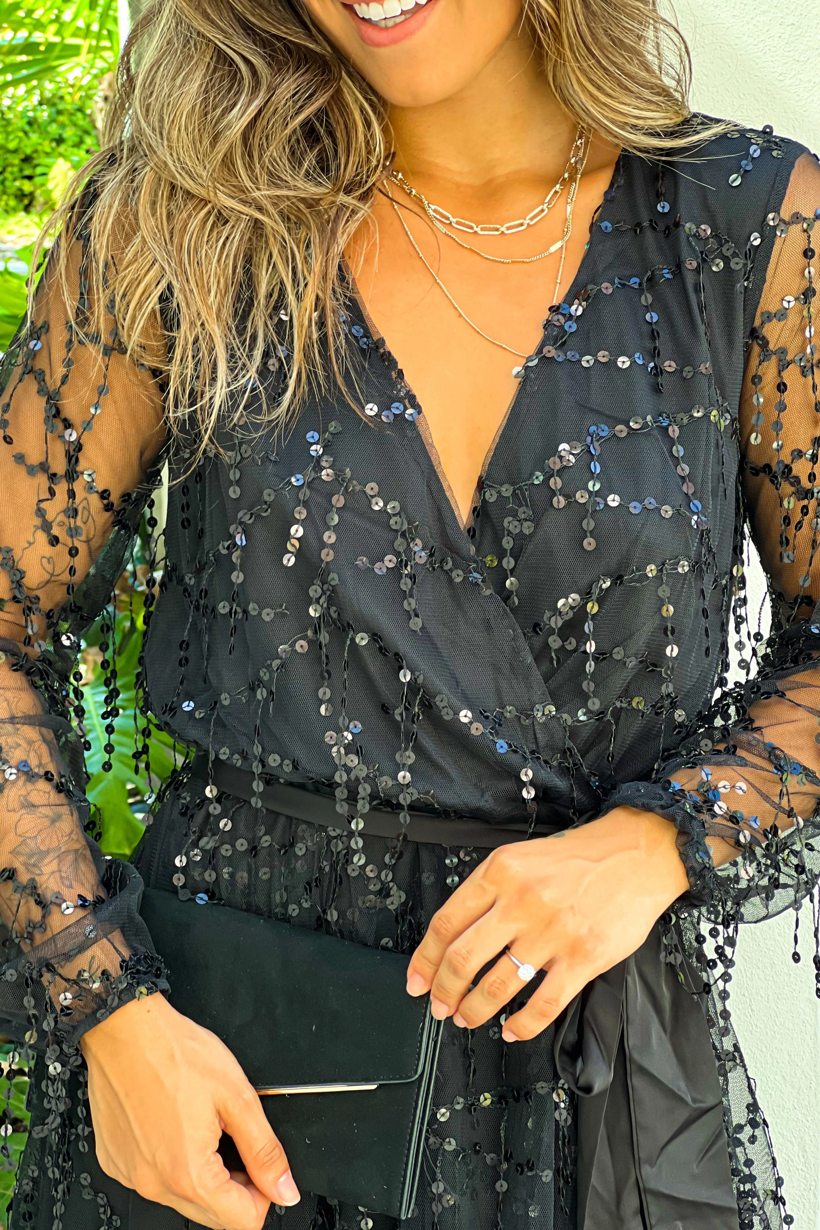 Black Sequin Fringe High Low Dress