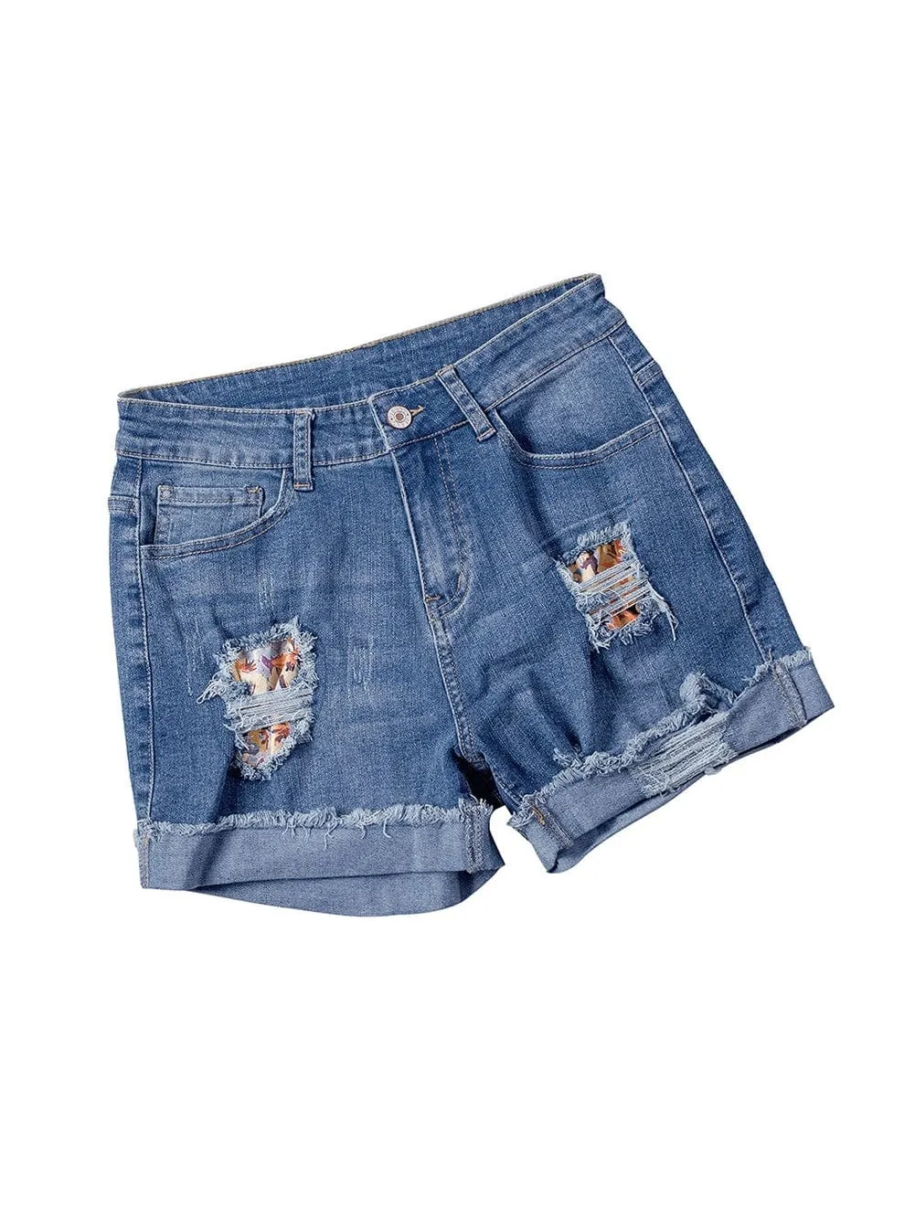 Blue Ripped Denim Shorts with Yellow Floral Patches