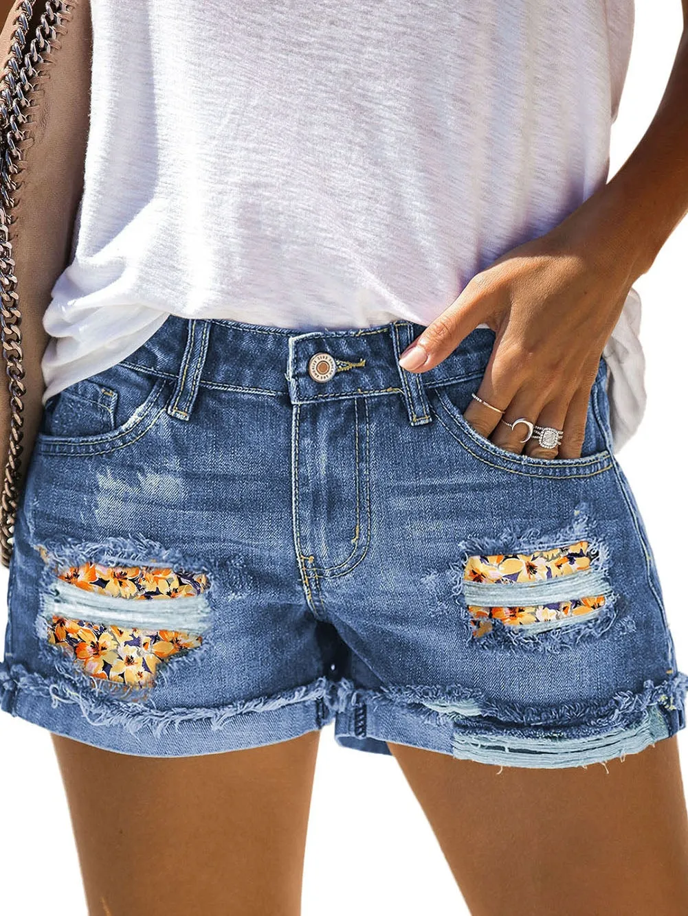 Blue Ripped Denim Shorts with Yellow Floral Patches