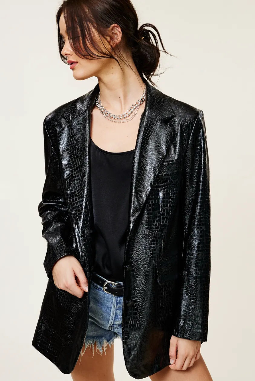 Cassandra Faux Leather Croc Blazer - Black