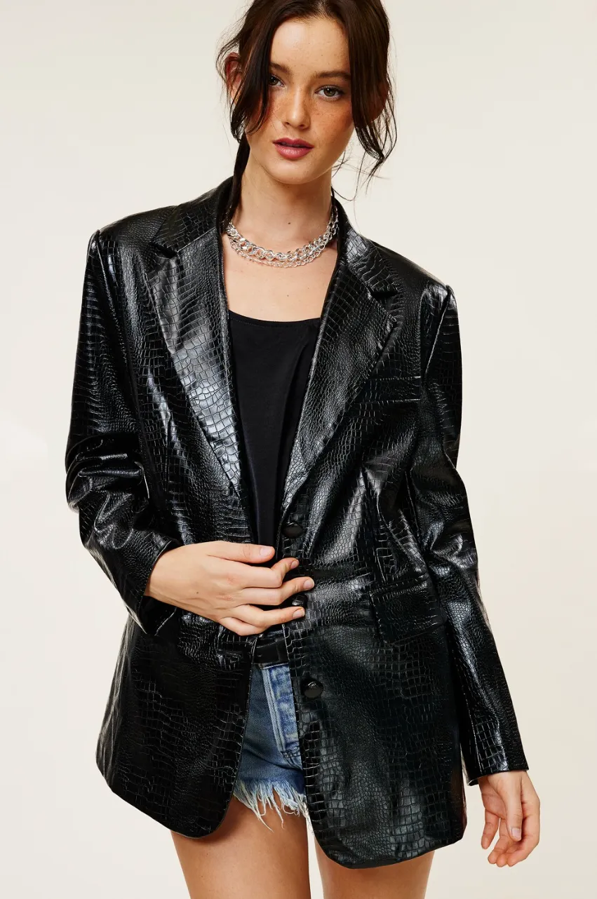 Cassandra Faux Leather Croc Blazer - Black