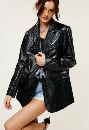 Cassandra Faux Leather Croc Blazer - Black