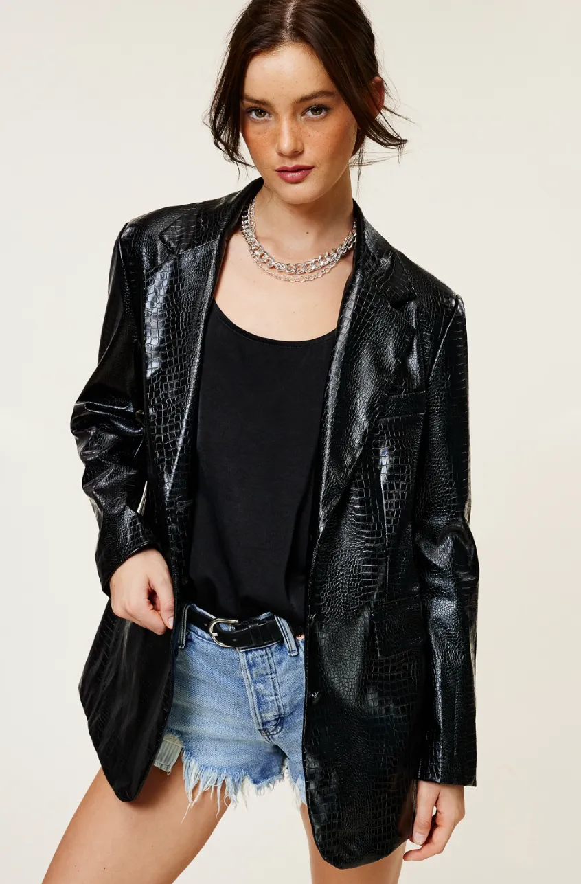 Cassandra Faux Leather Croc Blazer - Black