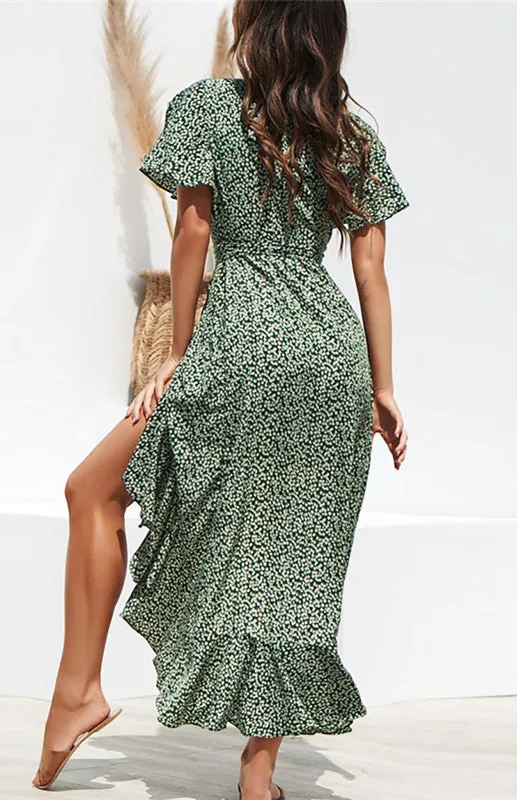 Chic Robe Midi Dress with Asymmetrical Ruffle & Wrap High-Low Design