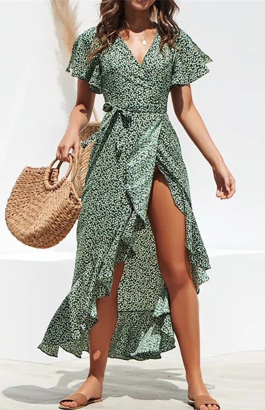 Chic Robe Midi Dress with Asymmetrical Ruffle & Wrap High-Low Design